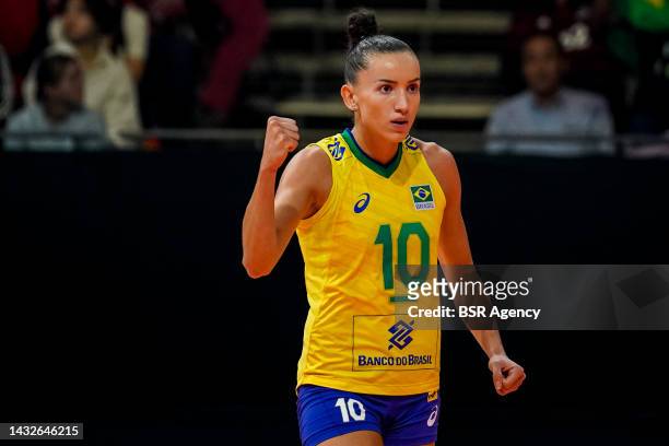 Gabriela Braga Guimaraes of Brazil celebrates a point during the Quarter Final match between Brazil and Japan on Day 17 of the FIVB Volleyball Womens...