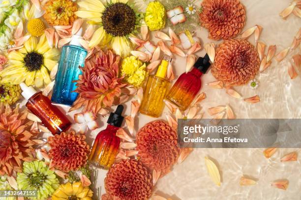 cosmetic bottles and flowers floating in water. face serums with sunflowers, dahlias and carnations on beige background. photography from above - sunflower stock photos et images de collection