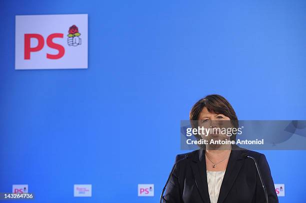 French Socialist Party first secretary Martine Aubry speaks after the results of the first round of the 2012 French Presidential election at the...