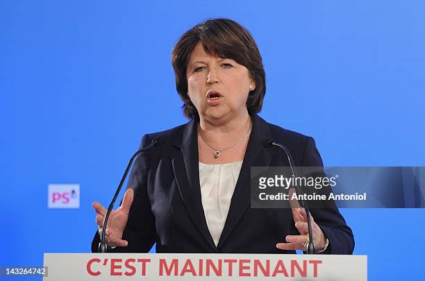 French Socialist Party first secretary Martine Aubry speaks after the results of the first round of the 2012 French Presidential election at the...