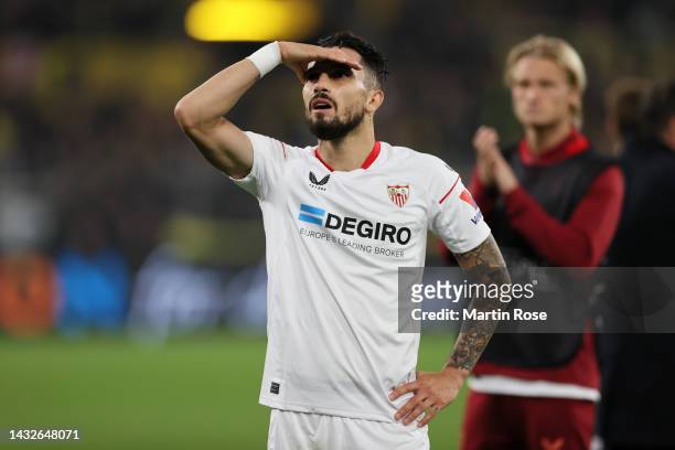 Alex Telles of Sevilla FC looks on after the final whistle of the UEFA Champions League group G match between Borussia Dortmund and Sevilla FC at...