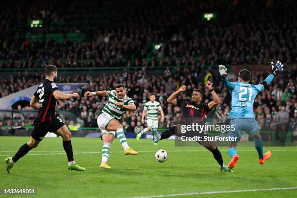 Giorgos Giakoumakis of Celtic has their shot saved by Janis Blaswich of FC Leipzig during the UEFA Champions League group F match between Celtic FC...