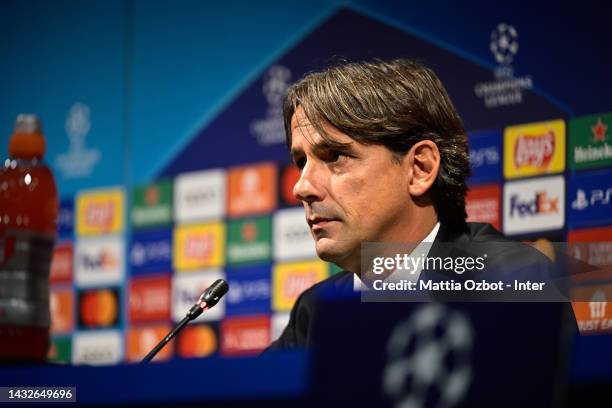 Head Coach Simone Inzaghi of FC Internazionale speaks with the media ahead of their UEFA Champions League group C match against FC Barcelona at...