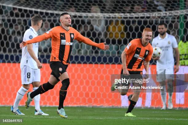 Oleksandr Zubkov of Shakhtar Donetsk celebrates after scoring their sides first goal during the UEFA Champions League group F match between Shakhtar...