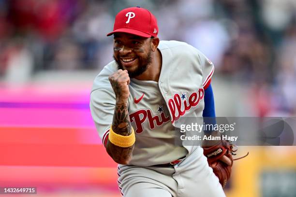 Edmundo Sosa of the Philadelphia Phillies reacts after making the final out of the game against the Atlanta Braves in game one of the National League...
