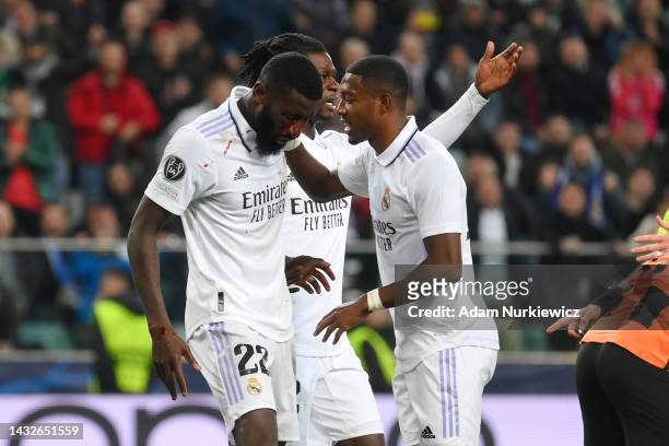 Antonio Rudiger of Real Madrid is seen injured while celebrating with team mates after scoring their sides first goal during the UEFA Champions...