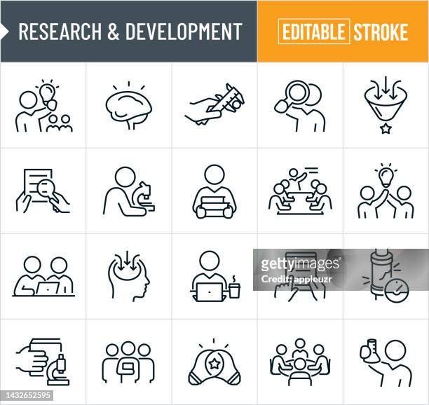ilustraciones, imágenes clip art, dibujos animados e iconos de stock de iconos de línea delgada de investigación y desarrollo - trazo editable - investigación científica