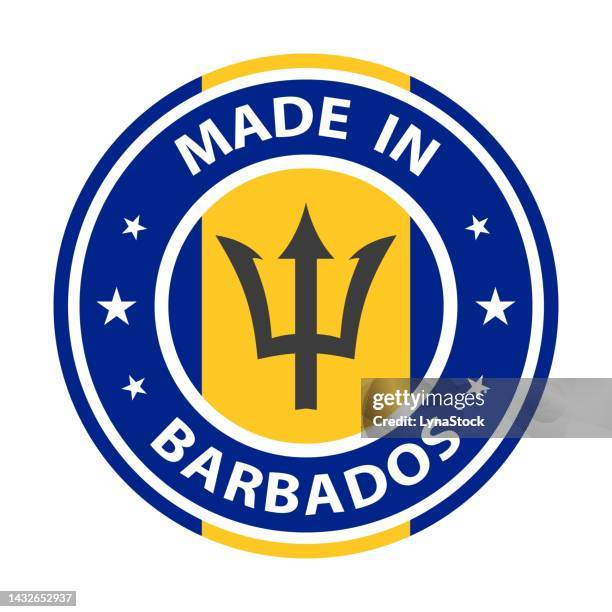 ilustrações, clipart, desenhos animados e ícones de fabricado em barbados, vetor de crachá. adesivo com estrelas e bandeira nacional. assine isolado no fundo branco. - barbados