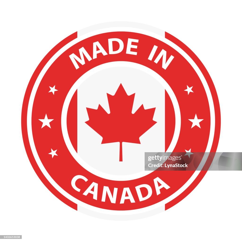 Made in Canada badge vector. Sticker with stars and national flag. Sign isolated on white background.