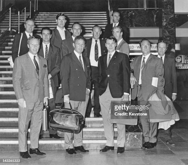 English football managers at London Airport on their way to the World Cup in Mexico, 1st June 1970. At front, centre are Dave Sexton and Bobby Robson...