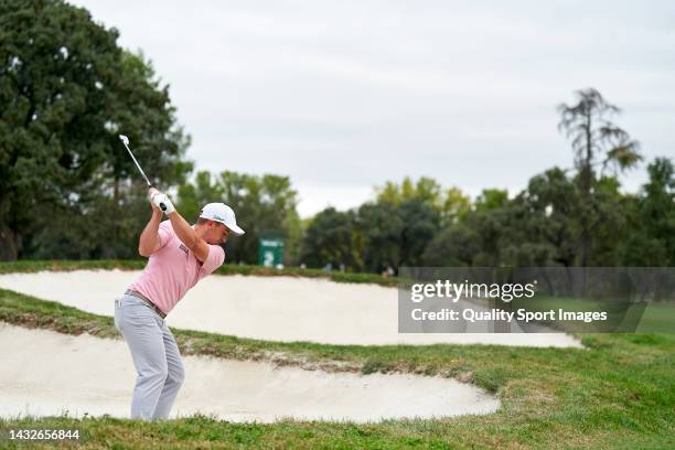 Paul Dunne of Ireland plays a shot from a bunker during Day Four of the Acciona Open de Espana presented by Madrid at Club de Campo Villa de Madrid...