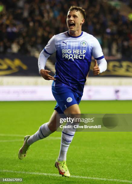 Nathan Broadhead of Wigan Athletic celebrates after scoring their sides first goal during the Sky Bet Championship between Wigan Athletic and...