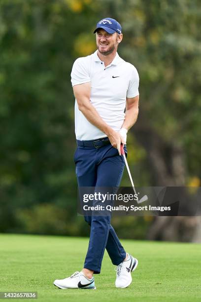 Chris Wood of England reacts during Day Four of the Acciona Open de Espana presented by Madrid at Club de Campo Villa de Madrid on October 09, 2022...