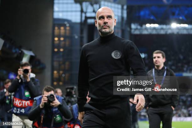 Josep 'Pep' Guardiola, manager of Manchester City, looks on prior to the UEFA Champions League group G match between FC Copenhagen and Manchester...
