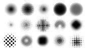 Circle half tone dot patterns. Graphic gradient with spray effect. Gradation round texture. Geometric fade points. Abstract shapes. Comic monochrome elements set. Vector background
