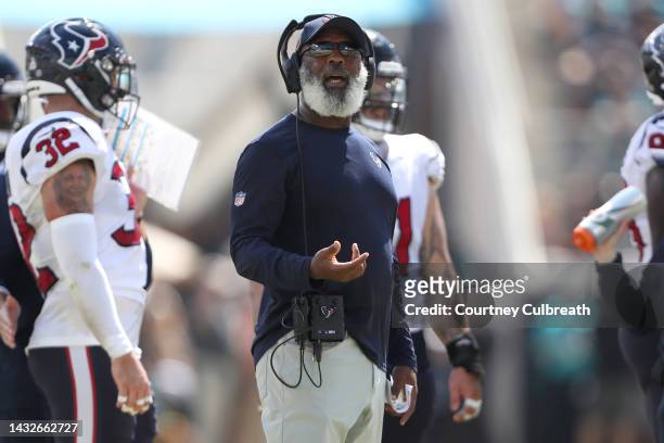 Head coach Lovie Smith of the Houston Texans in action during the first half of the game against the Jacksonville Jaguars at TIAA Bank Field on...