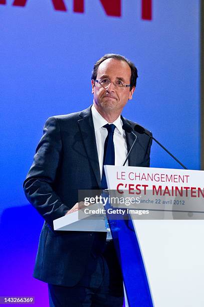 Socialist Party candidate Francois Hollande appears after the results of the first round of the 2012 French Presidential election on April 22, 2012...