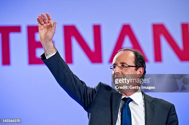 Socialist Party candidate Francois Hollande appears after the results of the first round of the 2012 French Presidential election on April 22, 2012...