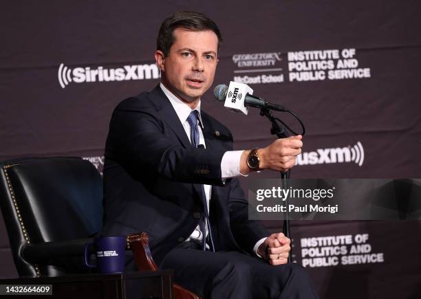 Secretary of Transportation Pete Buttigieg participates in a SiriusXM and GU Politics Townhall event, hosted by Julie Mason of SiriusXM and Mo...