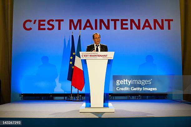 Socialist Party candidate Francois Hollande speaks after the results of the first round of the 2012 French Presidential election on April 22, 2012 in...
