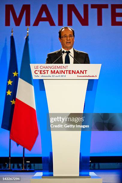 Socialist Party candidate Francois Hollande speaks after the results of the first round of the 2012 French Presidential election on April 22, 2012 in...