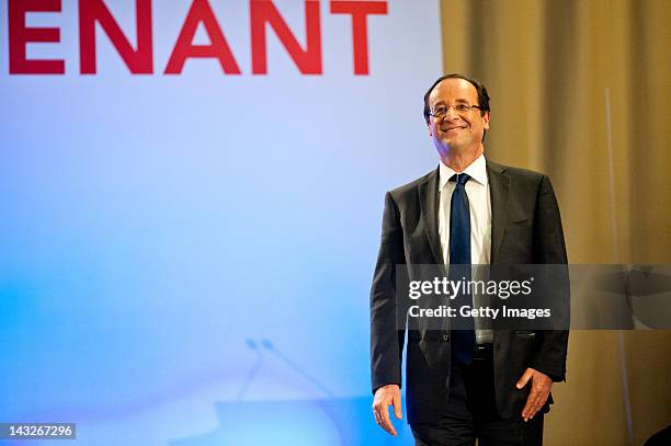 Socialist Party candidate Francois Hollande appears after the results of the first round of the 2012 French Presidential election on April 22, 2012...