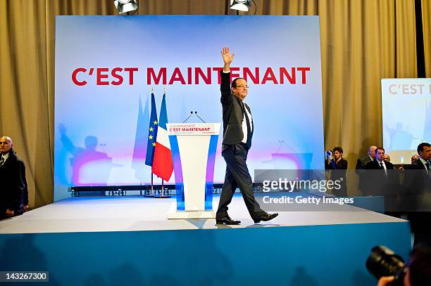 Socialist Party candidate Francois Hollande appears after the results of the first round of the 2012 French Presidential election on April 22, 2012...