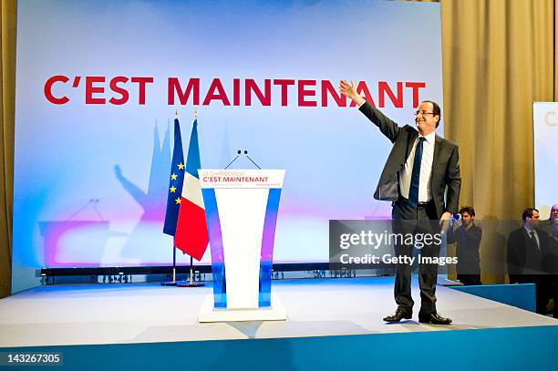 Socialist Party candidate Francois Hollande appears after the results of the first round of the 2012 French Presidential election on April 22, 2012...