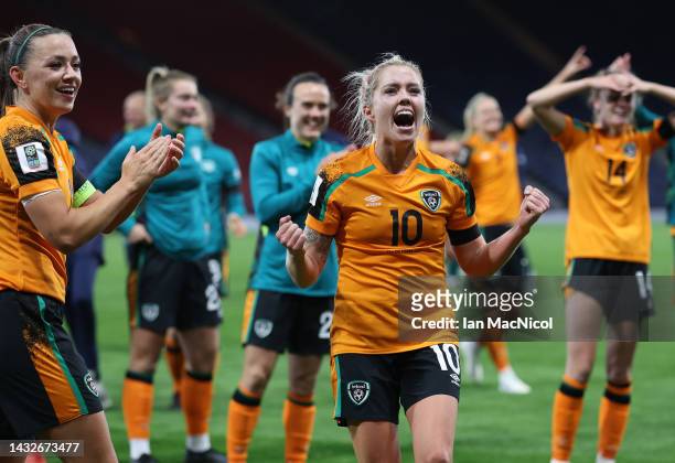 Denise O'Sullivan of Republic of Ireland celebrates after their side qualifies for the 2023 FIFA Women's World Cup after victory during the 2023 FIFA...