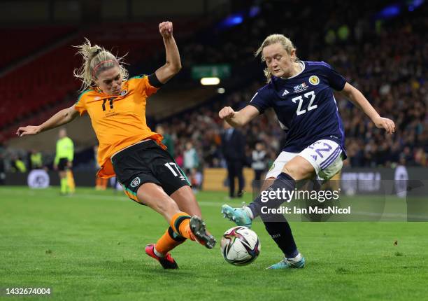 Jamie Finn of Ireland vies with Erin Cuthbert of Scotland during the 2023 FIFA Women's World Cup play-off round 2 match between Scotland and Republic...