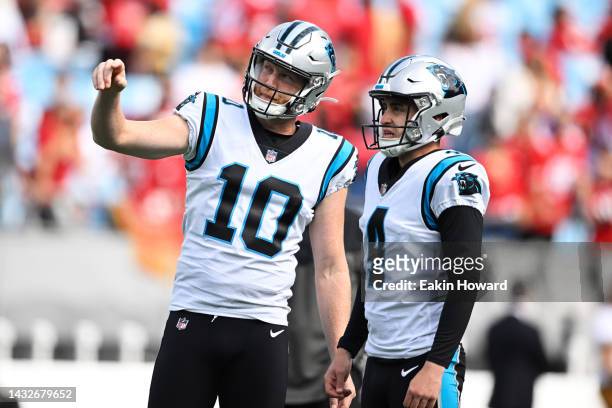 Johnny Hekker and Eddy Pineiro of the Carolina Panthers talk during warm ups before their game against the San Francisco 49ers at Bank of America...