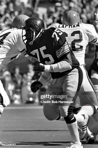 Defensive tackle Joe Greene of the Pittsburgh Steelers plays against the Cincinnati Bengals on October 14 at Riverfront Stadium in Cinncinati, Ohio.