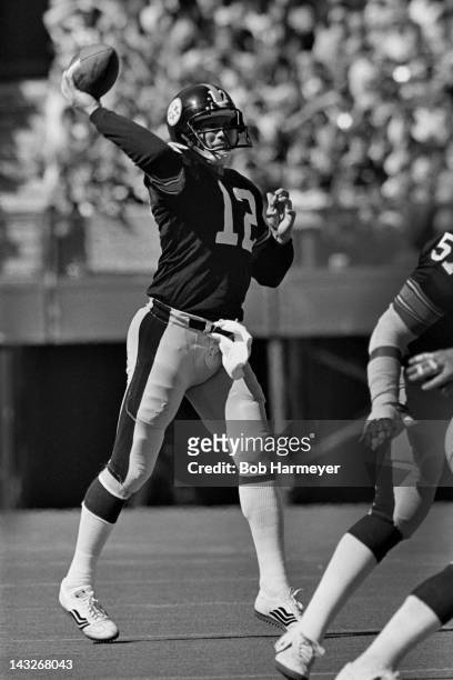 Quarterback Terry Bradshaw of the Pittsburgh Steelers throws a pass against the Cincinnati Bengals on October 14 at Riverfront Stadium in Cinncinati,...