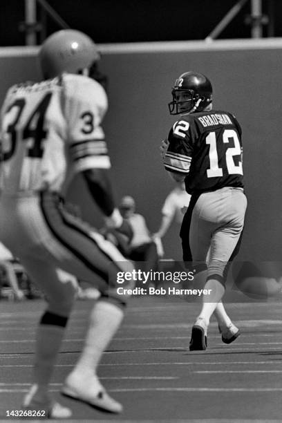 Quarterback Terry Bradshaw of the Pittsburgh Steelers drops back to pass during the game against the Cincinnati Bengals on September 21 at Riverfront...