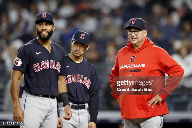 Amed Rosario, Steven Kwan and Manager Terry Francona of the Cleveland Guardians look on prior to game one of the American League Division Series...