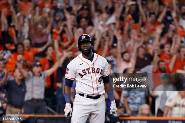 Yordan Alvarez of the Houston Astros hits a walk-off home run against the Seattle Mariners during the ninth inning in game one of the American League...