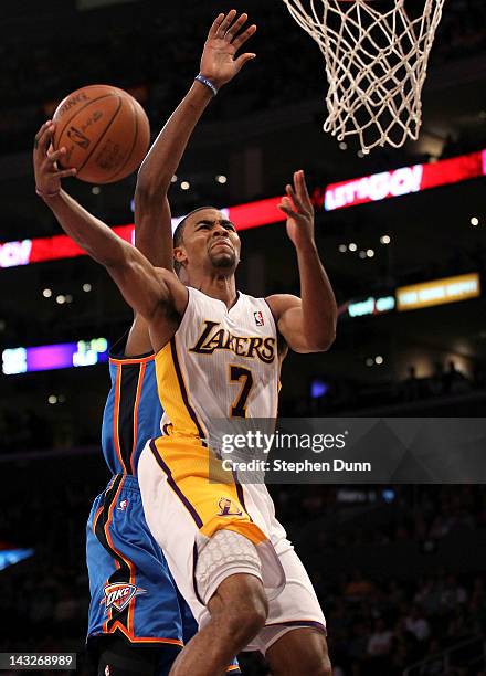 Ramon Sessions of the Los Angeles Lakers shoots against the Oklahoma City Thunder at Staples Center on April 22, 2012 in Los Angeles, California....