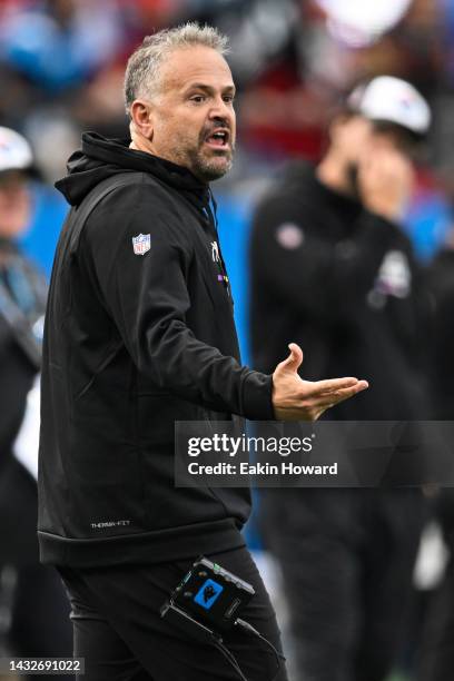 Head coach Matt Rhule of the Carolina Panthers stands on the sidelines against the San Francisco 49ers in the second quarter at Bank of America...