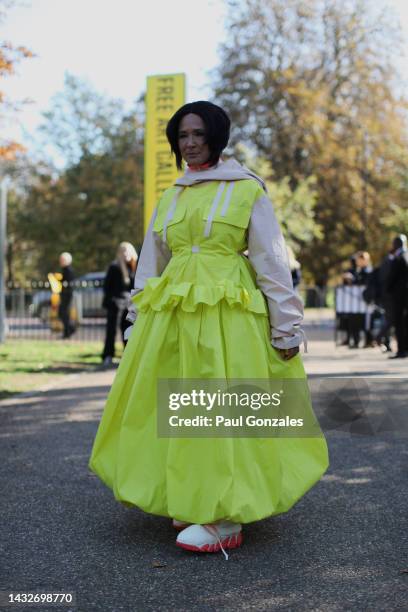 Golda Rosheuvel is seen wearing a Roksanda Fluorescent Dress, at Roksanda during London Fashion Week October 2022 on October 11, 2022 in London,...