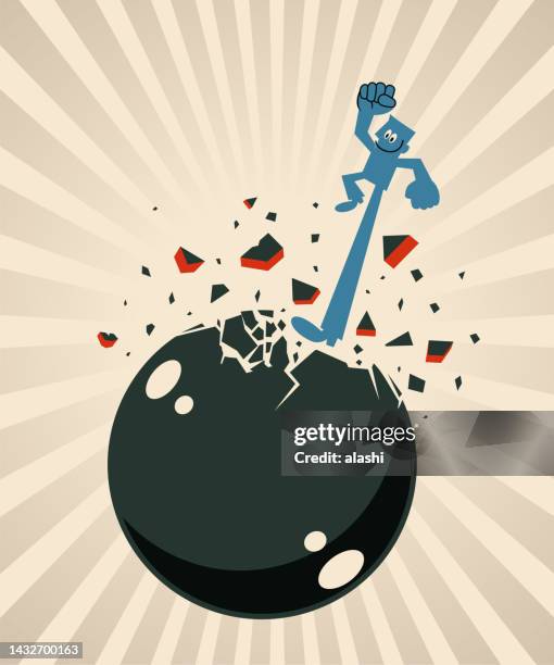 stockillustraties, clipart, cartoons en iconen met a man breaks an iron ball with his powerful leg, the concept of breakthrough, revolution, conquering adversity, breaking the rules, and escaping from bondage - mogelijk