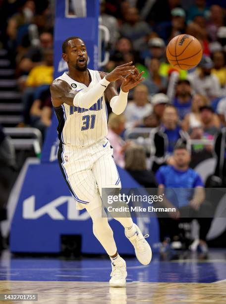 Terrence Ross of the Orlando Magic brings the ball up the floor during a preseason game against the Memphis Grizzlies at Amway Center on October 11,...