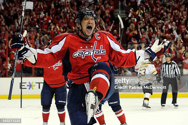 Alex Ovechkin of the Washington Capitals celebrates after scoring a goal in the third period against the Boston Bruins in Game Six of the Eastern...