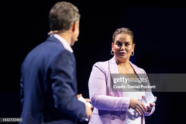 Tod Woodbridge and Jelena Dokic speak during the 2023 Australian Open launch at Melbourne Park on October 12, 2022 in Melbourne, Australia.