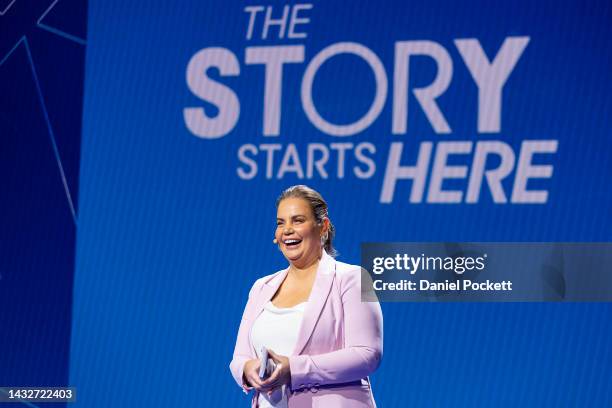 Jelena Dokic speaks during the 2023 Australian Open launch at Melbourne Park on October 12, 2022 in Melbourne, Australia.