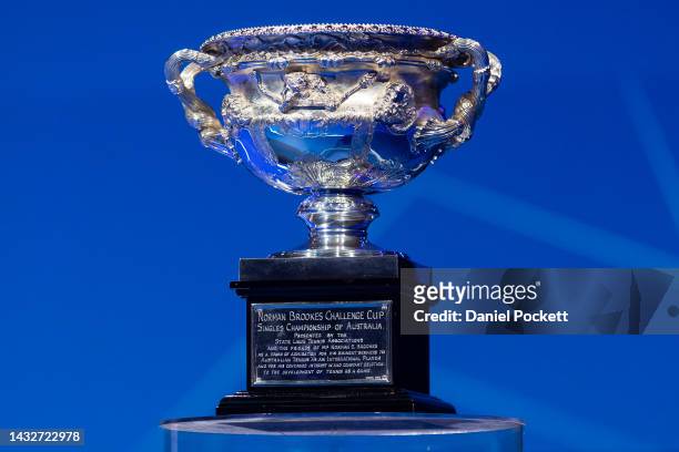 The Norman Brookes Challenge Cup is seen during the 2023 Australian Open launch at Melbourne Park on October 12, 2022 in Melbourne, Australia.