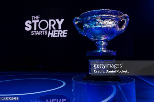 The Norman Brookes Challenge Cup is seen during the 2023 Australian Open launch at Melbourne Park on October 12, 2022 in Melbourne, Australia.