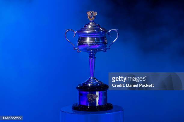 The Daphne Akhurst Memorial Cup is seen during the 2023 Australian Open launch at Melbourne Park on October 12, 2022 in Melbourne, Australia.