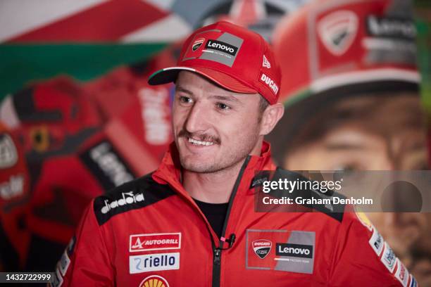 Jack Miller of Australia talks during a media call at Duckboard Place during a MotoGP preview media opportunity on October 12, 2022 in Melbourne,...