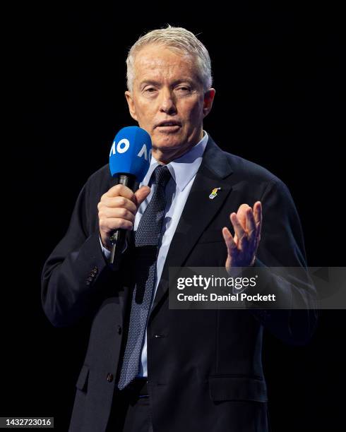 Craig Tiley, CEO of Tennis Australia, speaks during the 2023 Australian Open launch at Melbourne Park on October 12, 2022 in Melbourne, Australia.