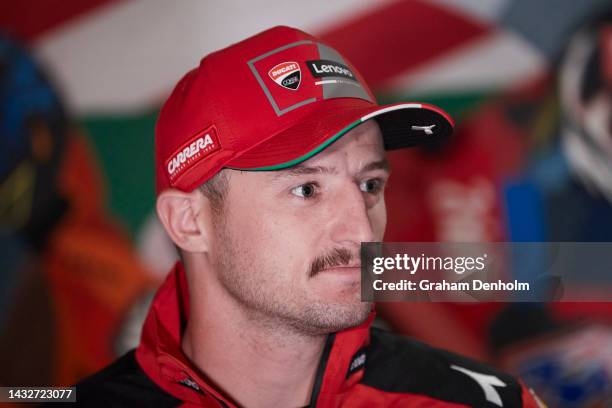 Jack Miller of Australia talks during a media call at Duckboard Place during a MotoGP preview media opportunity on October 12, 2022 in Melbourne,...